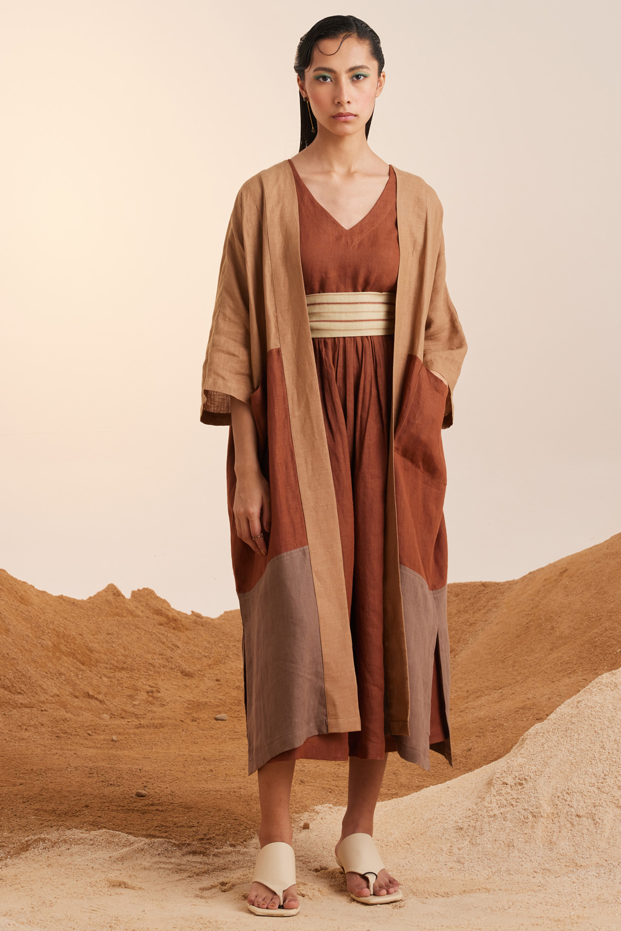 Sand-Rust & Ash Pure Handwoven Linen Color Blocked Jacket Vacation Dress by Cord at Pernia's Pop Up Shop