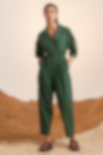 Green Crinkle Cotton Printed Jumpsuit by Cord at Pernia's Pop Up Shop
