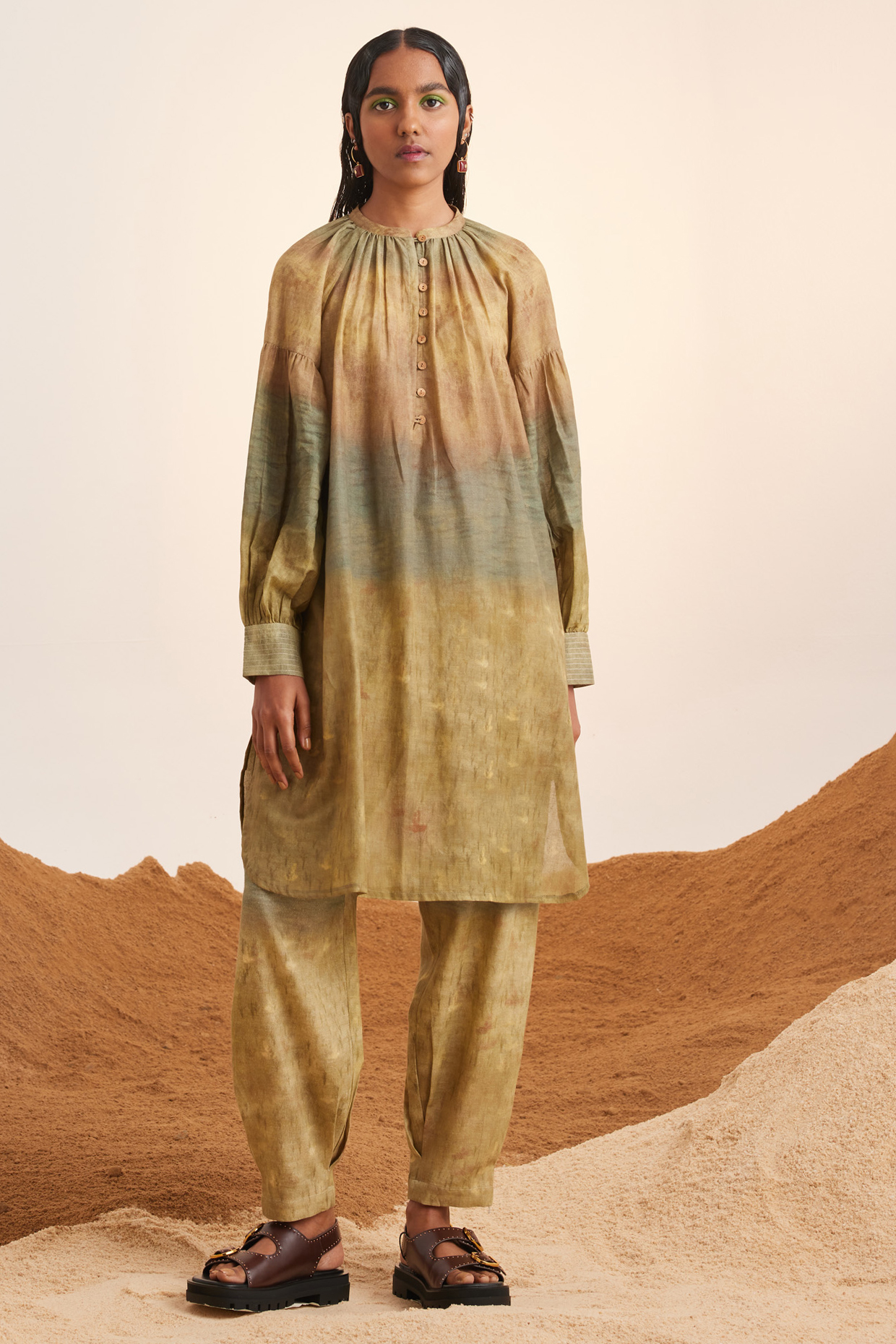Fawn Beige Cotton Voile Printed Tunic Set by Cord at Pernia's Pop Up Shop