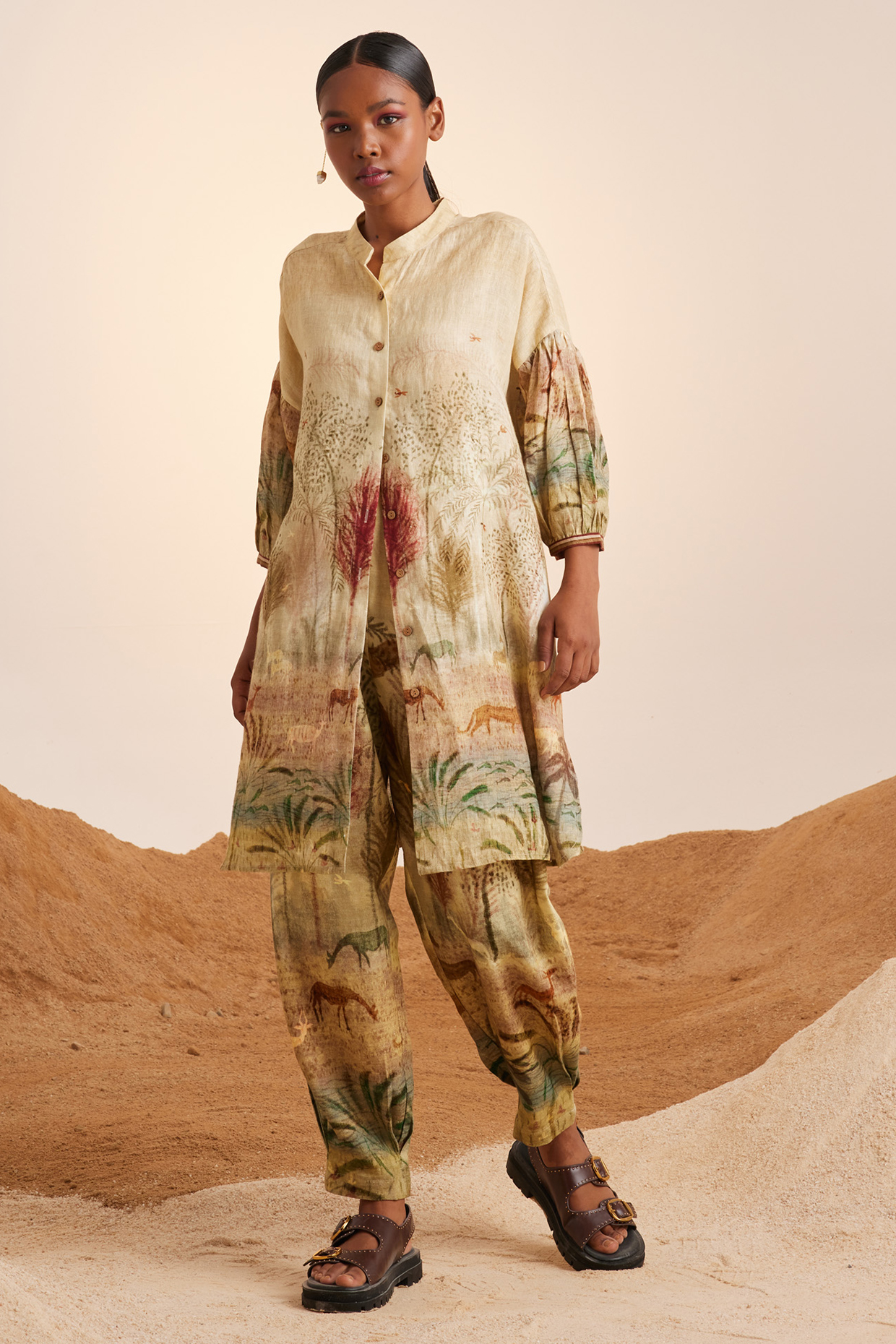 Multi-Colored Handwoven Linen Botanical Printed Tunic Set by Cord at Pernia's Pop Up Shop