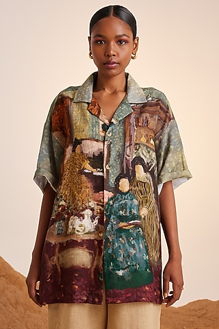 Multi-Colored Handwoven Linen Printed Oversized Shirt by Cord