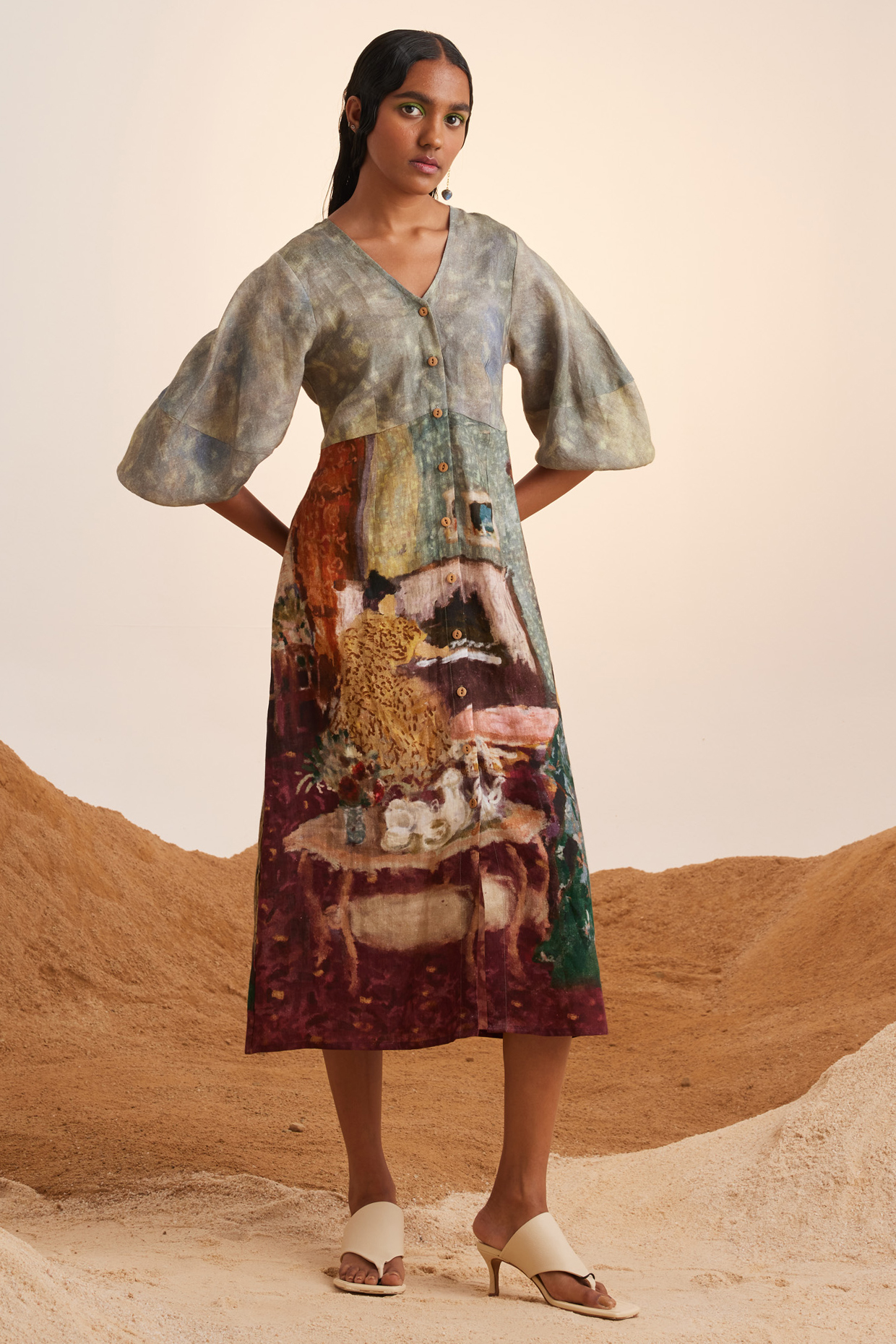Multi-Colored Pure Linen Midi Summer Dress by Cord at Pernia's Pop Up Shop