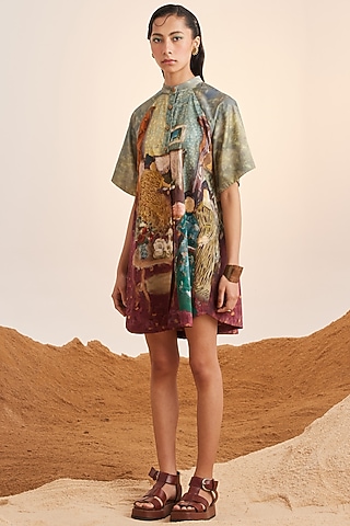 Multi-Colored Cotton Satin Printed Mini Dress by Cord