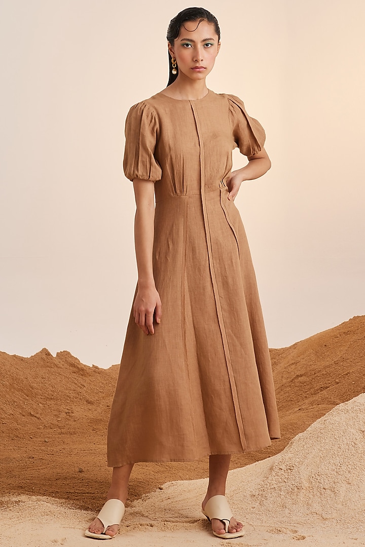 Sand Colored Handwoven Linen Midi Dress by Cord at Pernia's Pop Up Shop