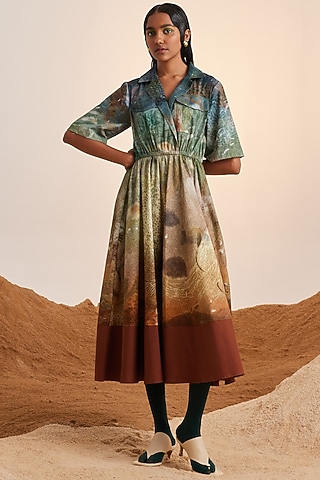 Multi-Colored Pure Cotton Color Blocked Midi Dress by Cord