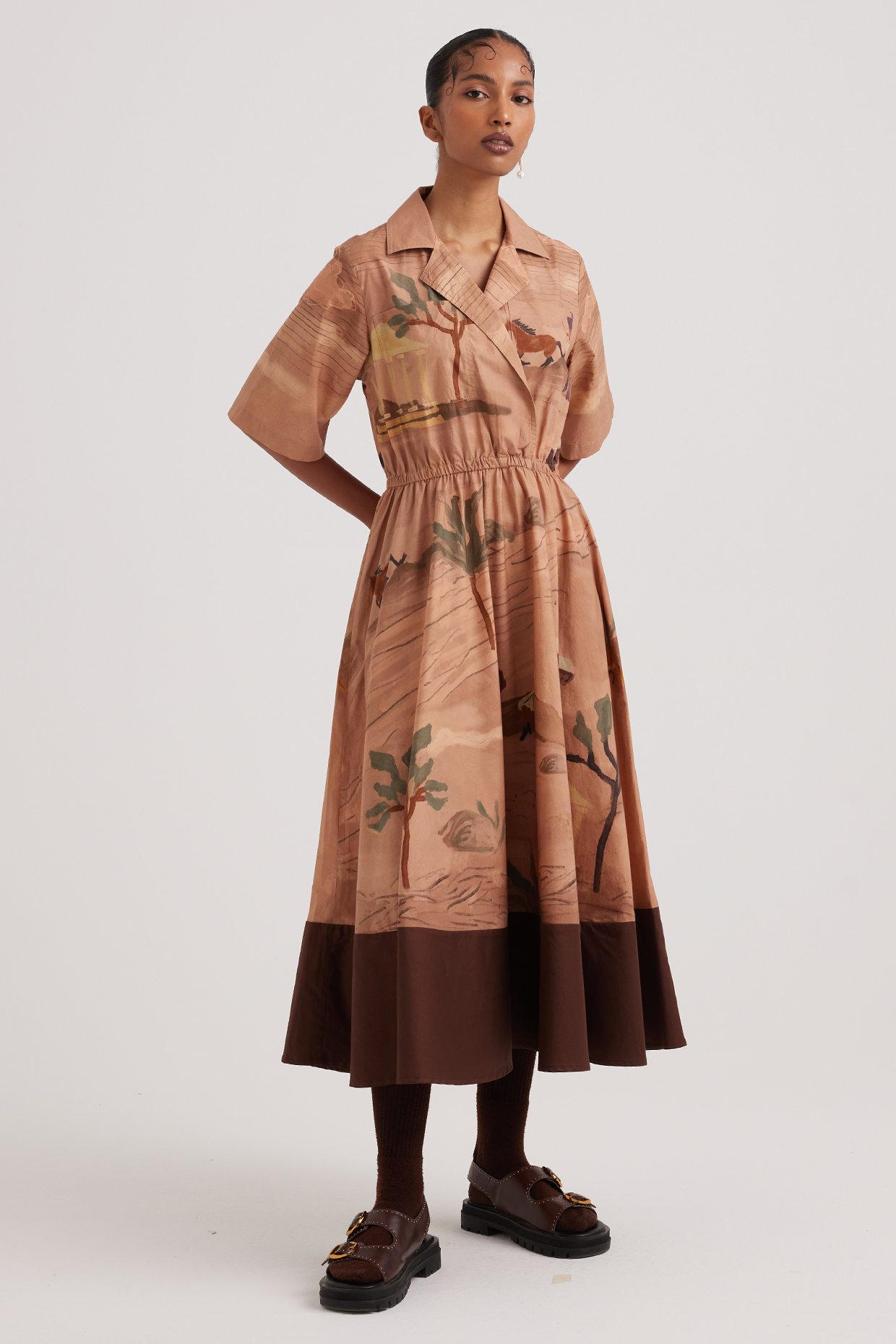 Multi-Colored Cotton Satin Block Printed Midi Summer Dress by Cord at Pernia's Pop Up Shop
