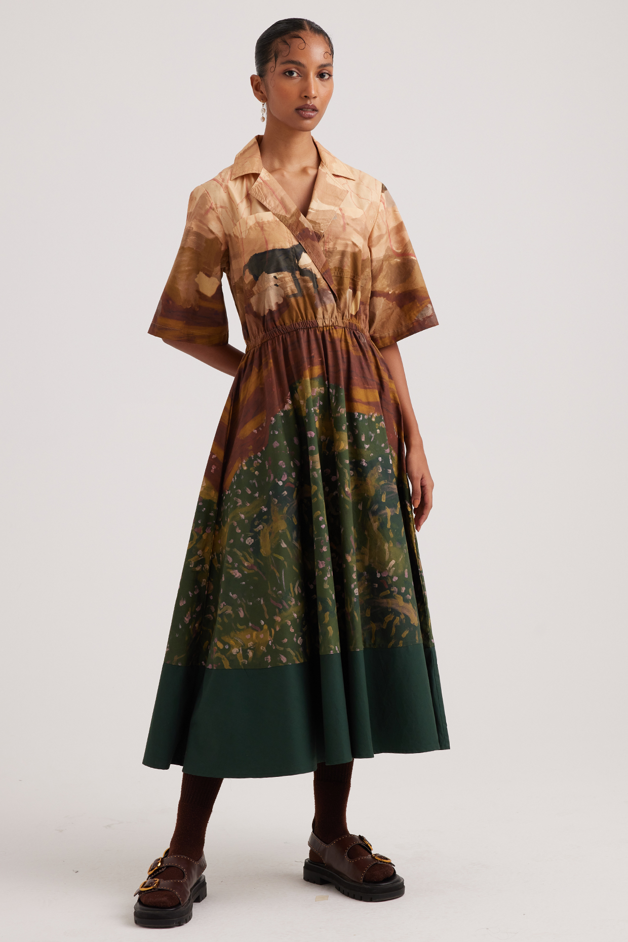 Multi-Colored Cotton Satin Block Printed Midi Summer Dress by Cord at Pernia's Pop Up Shop