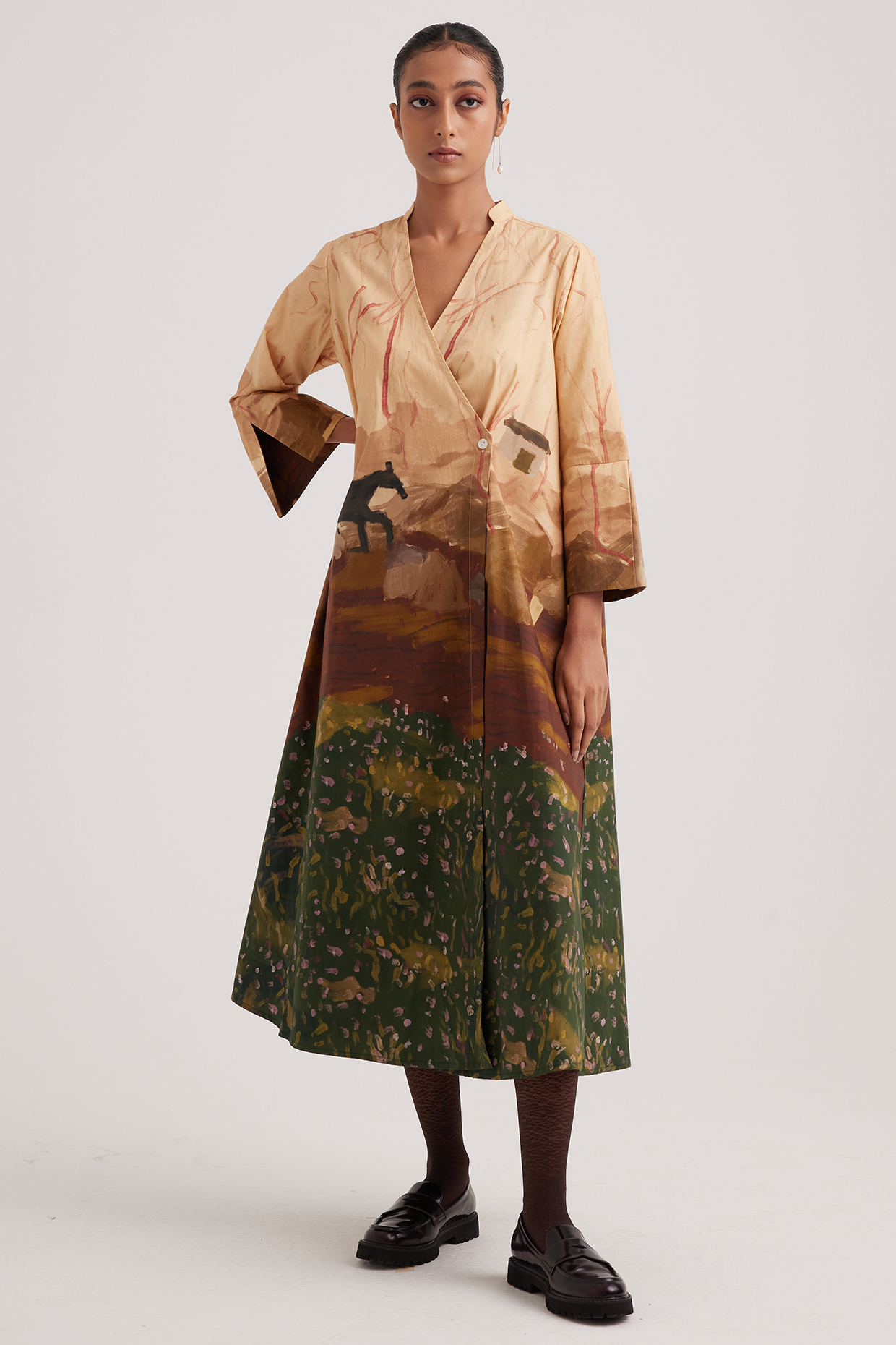 Multi-Colored Cotton Satin Block Printed Wrap Dress by Cord at Pernia's Pop Up Shop