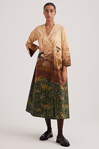 Multi-Colored Cotton Satin Block Printed Wrap Dress by Cord