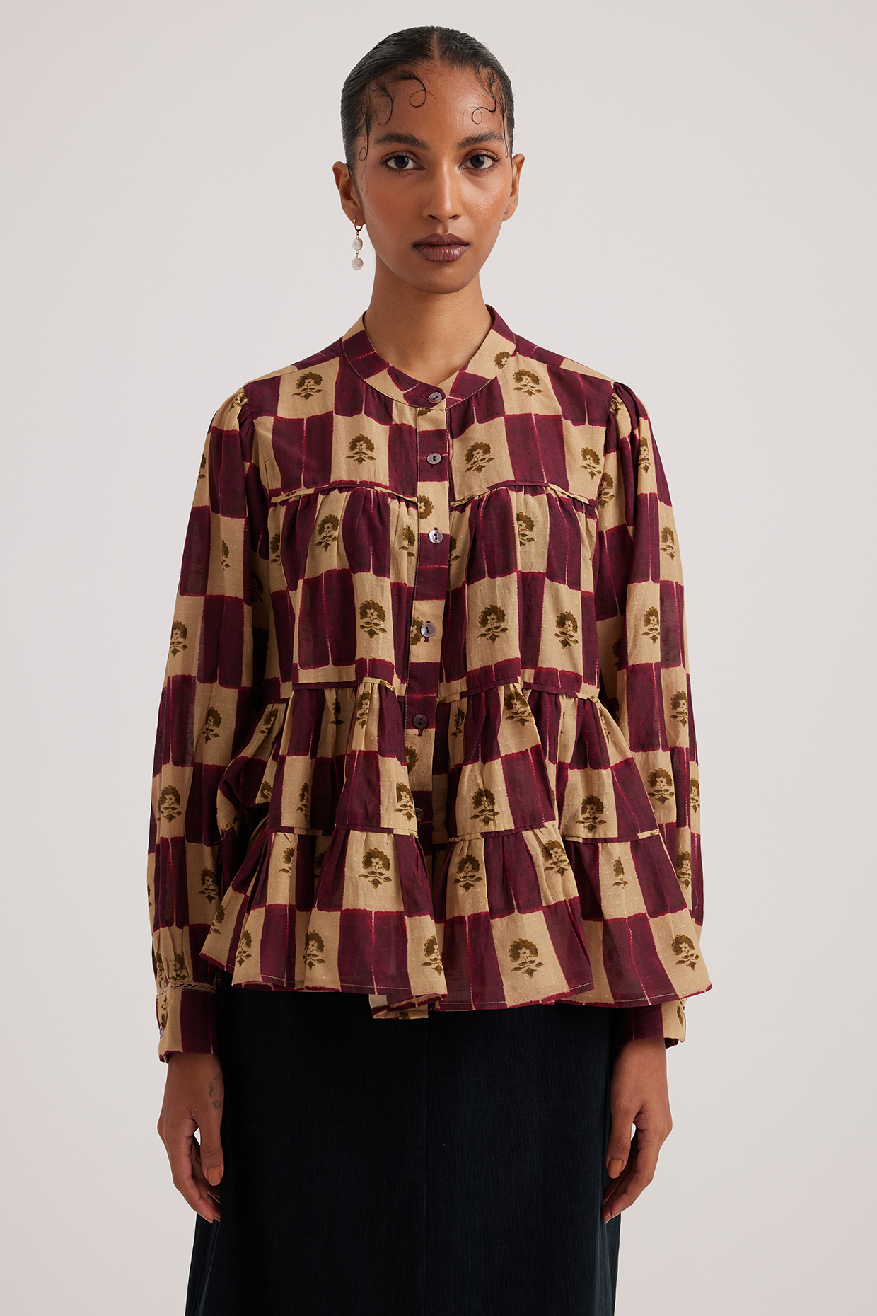 Brown Cotton Dobby Checks Printed Tier Top by Cord at Pernia's Pop Up Shop