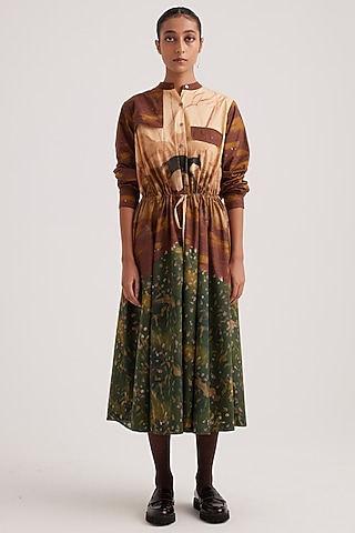 Multi-Colored Cotton Satin Printed Midi Dress by Cord