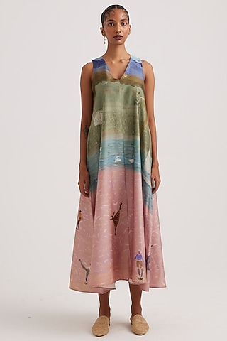 Multi-Colored Cotton Satin Printed A-Line Dress by Cord