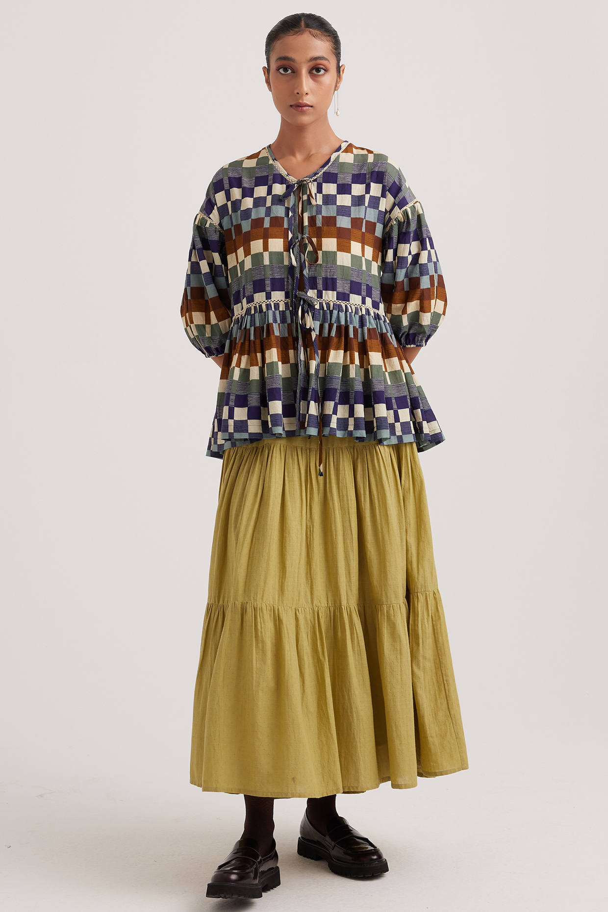 Multi-Colored Cotton Dobby Checks Printed Folk Top by Cord at Pernia's Pop Up Shop