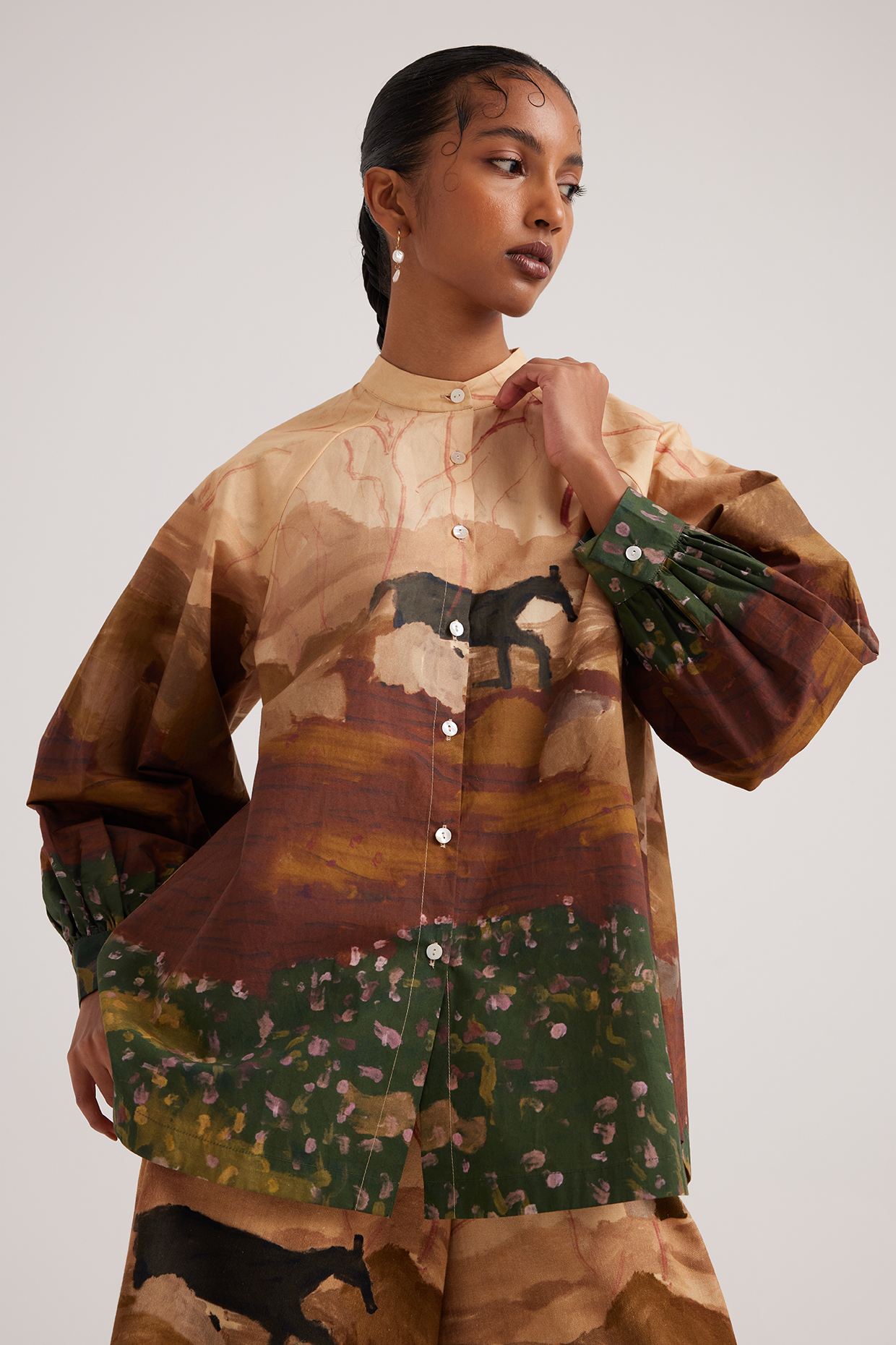 Multi-Colored Cotton Satin Printed A-Line Shirt by Cord at Pernia's Pop Up Shop