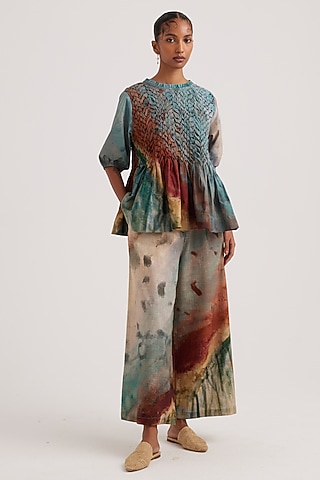 Blue Poplin Hand-Painted Printed Top by Cord