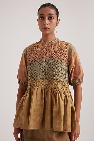 Beige Poplin Hand-Painted Printed Top by Cord