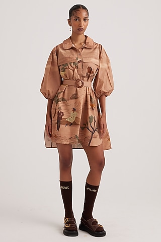 Beige Poplin Printed Dress by Cord