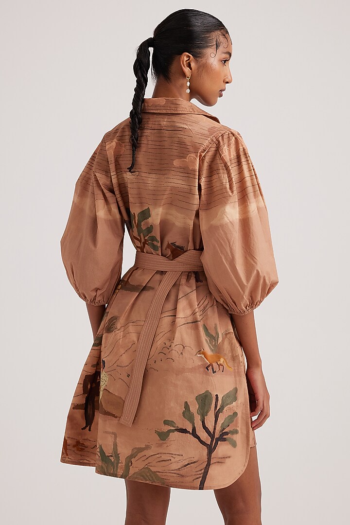 Beige Poplin Printed Summer Dress by Cord at Pernia's Pop Up Shop
