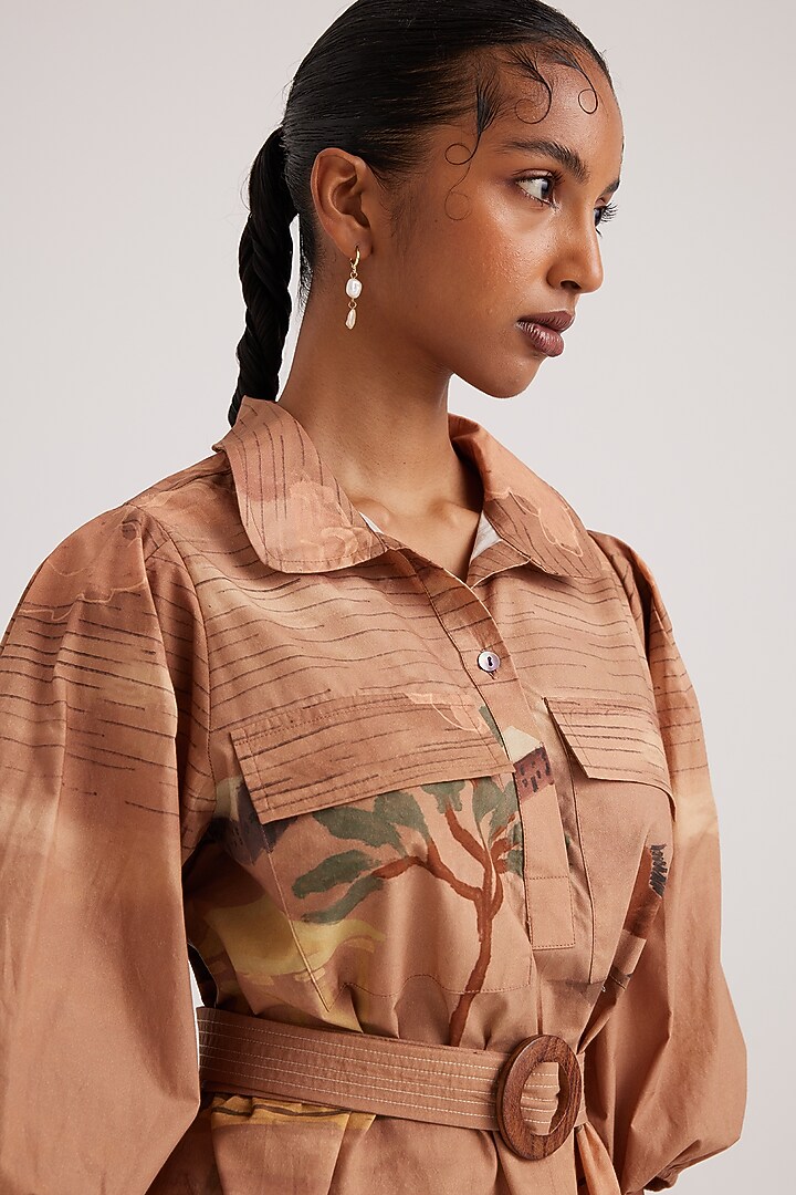 Beige Poplin Printed Summer Dress by Cord at Pernia's Pop Up Shop