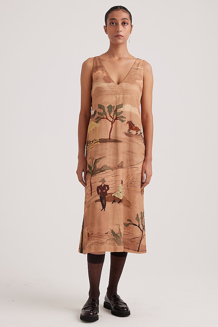 Beige Premium Cotton Printed Midi Dress by Cord at Pernia's Pop Up Shop