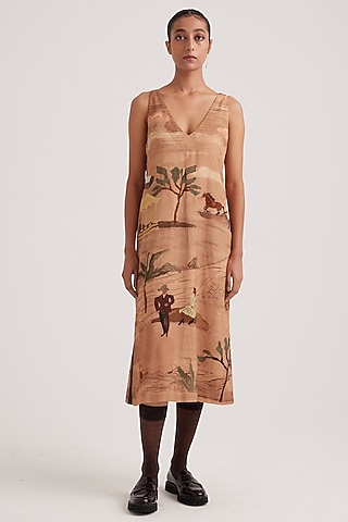 Beige Premium Cotton Printed Midi Dress by Cord