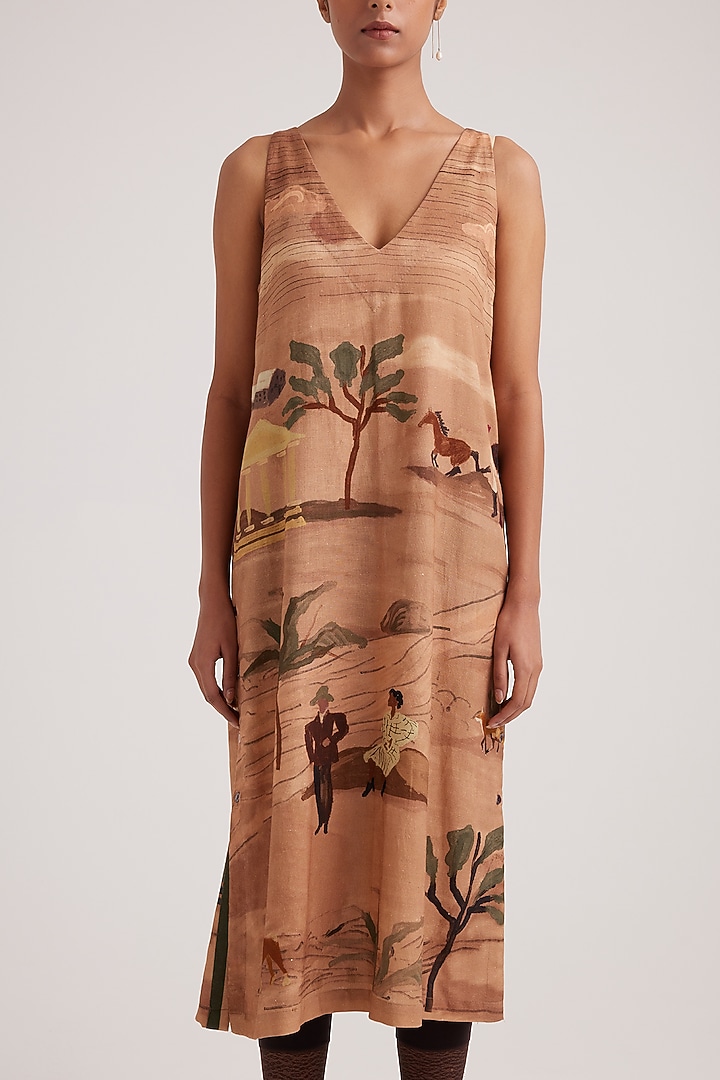 Beige Premium Cotton Printed Midi Summer Dress by Cord at Pernia's Pop Up Shop