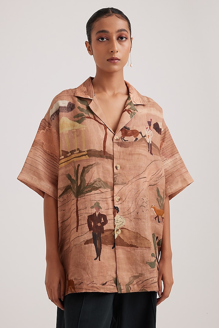 Beige Linen Printed Oversized Shirt by Cord at Pernia's Pop Up Shop