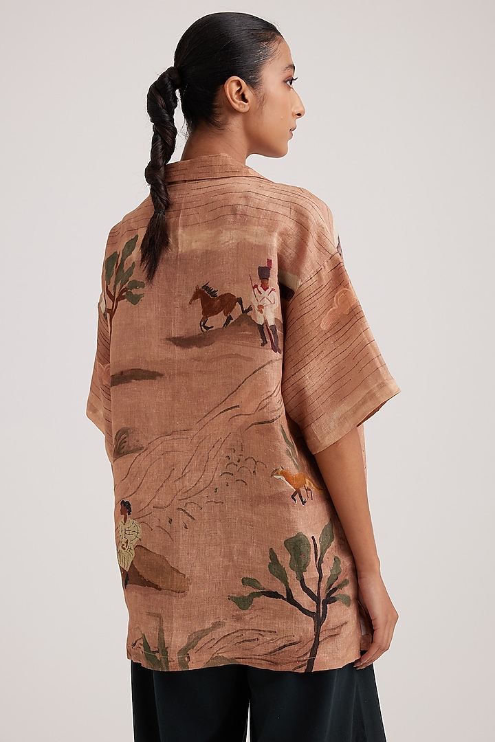 Beige Linen Printed Oversized Shirt by Cord at Pernia's Pop Up Shop