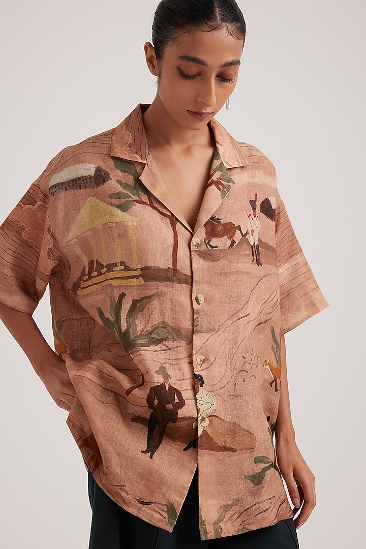 Beige Linen Printed Oversized Shirt by Cord at Pernia's Pop Up Shop