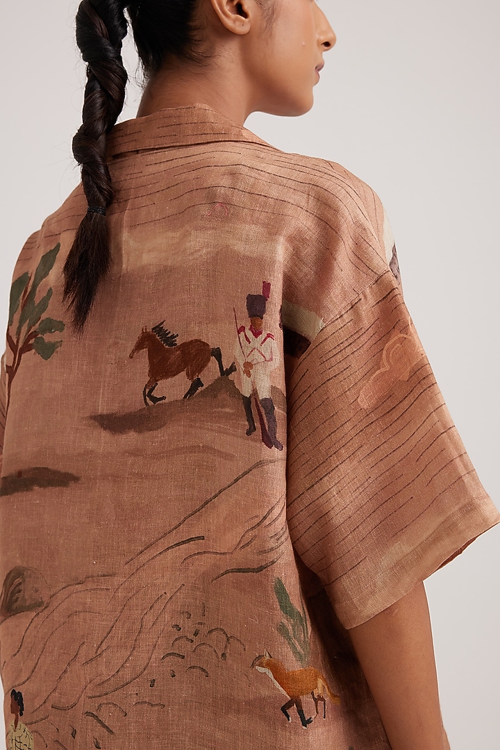 Beige Linen Printed Oversized Shirt by Cord at Pernia's Pop Up Shop