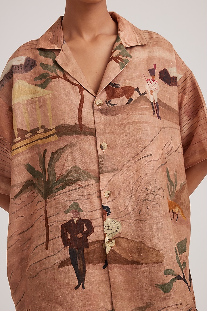 Beige Linen Printed Oversized Shirt by Cord at Pernia's Pop Up Shop