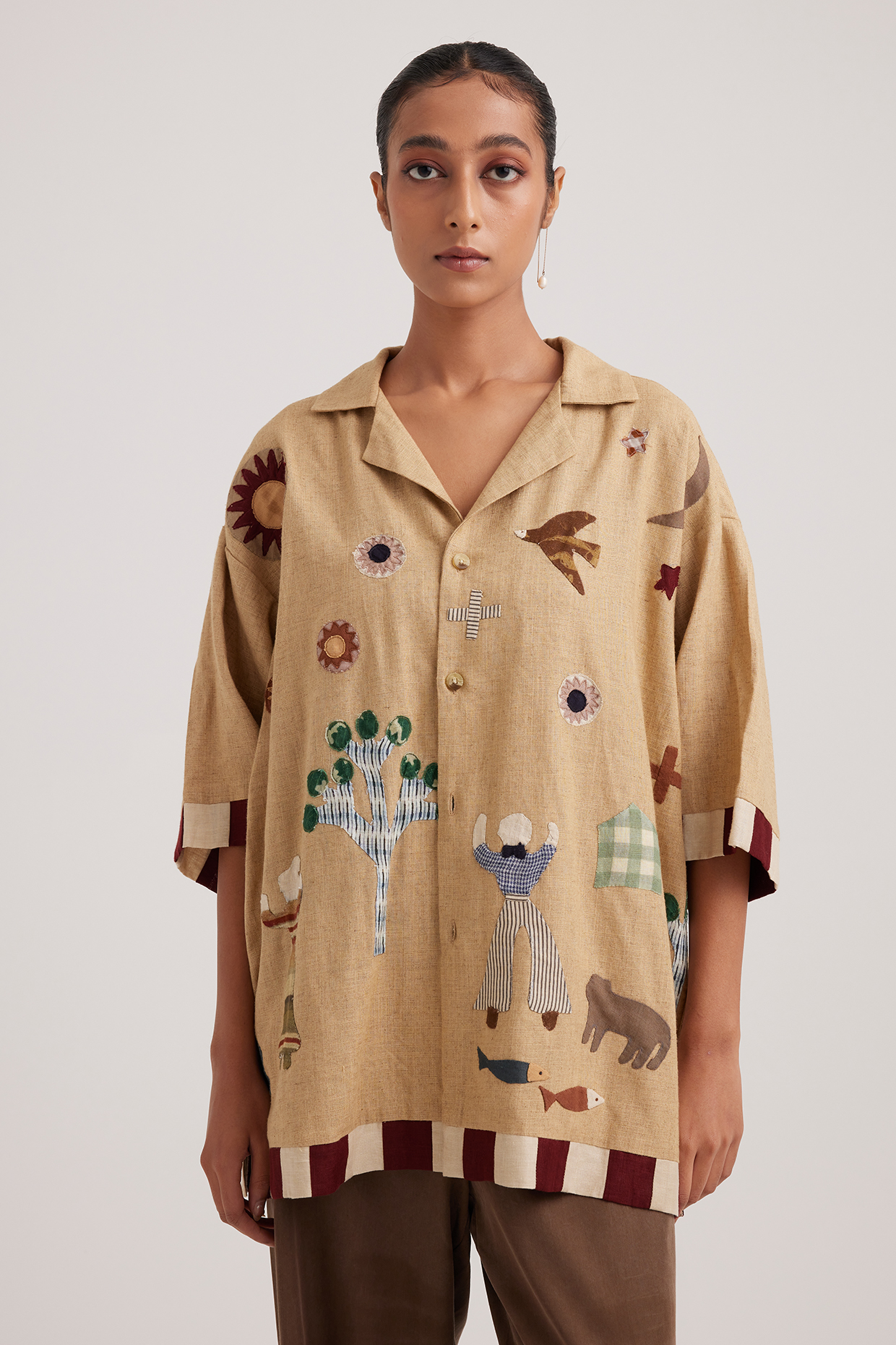 Beige Linen Printed Oversized Shirt by Cord at Pernia's Pop Up Shop