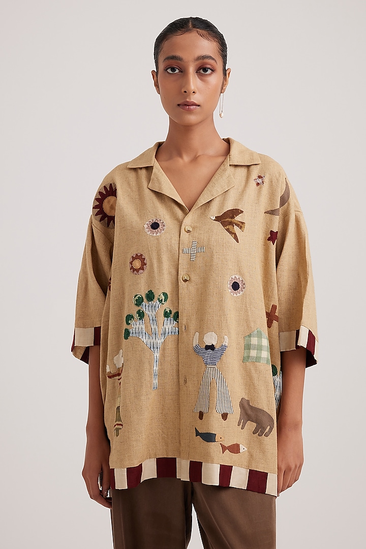 Beige Linen Printed Oversized Shirt by Cord at Pernia's Pop Up Shop