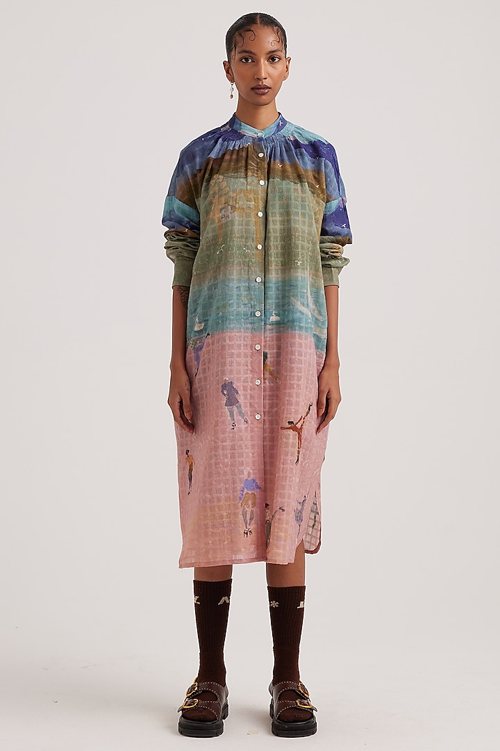 Multi-Colored Cotton Printed Shirt Midi Dress by Cord