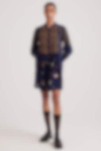 Ink Blue Cotton Dobby Embroidered Top by Cord at Pernia's Pop Up Shop