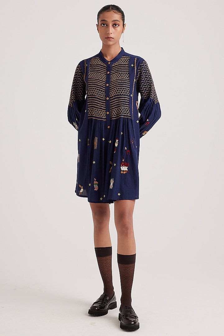 Ink Blue Cotton Dobby Embroidered Top by Cord at Pernia's Pop Up Shop