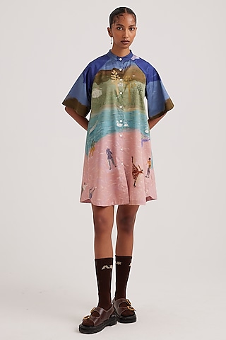 Multi-Colored Cotton Satin Printed A-Line Mini Dress by Cord
