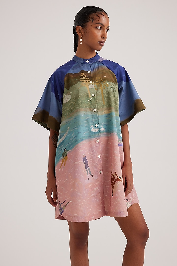 Multi-Colored Cotton Satin Printed A-Line Mini Summer Dress by Cord at Pernia's Pop Up Shop