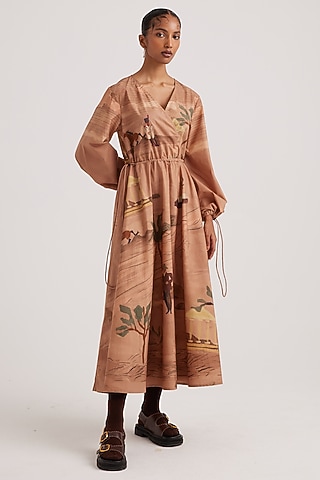 Beige Pure Cotton Printed Maxi Dress by Cord