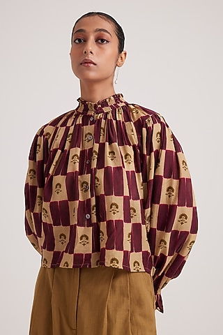 Beige & Brown Cotton Dobby Printed Top by Cord