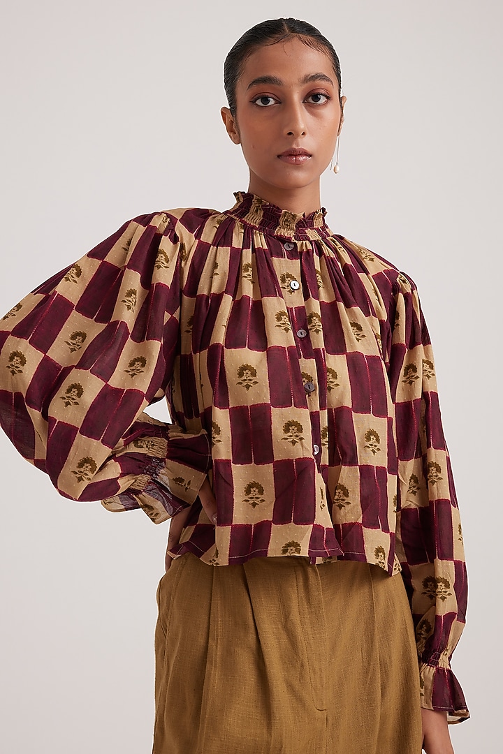 Beige & Brown Cotton Dobby Printed Top by Cord at Pernia's Pop Up Shop