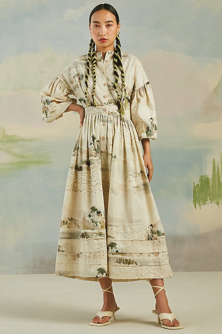 White Poplin Printed Dress by Cord