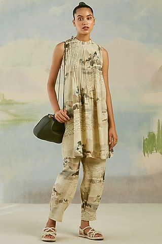 Beige Printed Tunic Set by Cord
