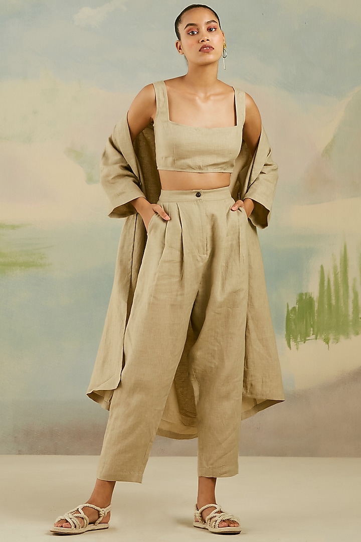 Beige Pure Linen Co-Ord Set by Cord