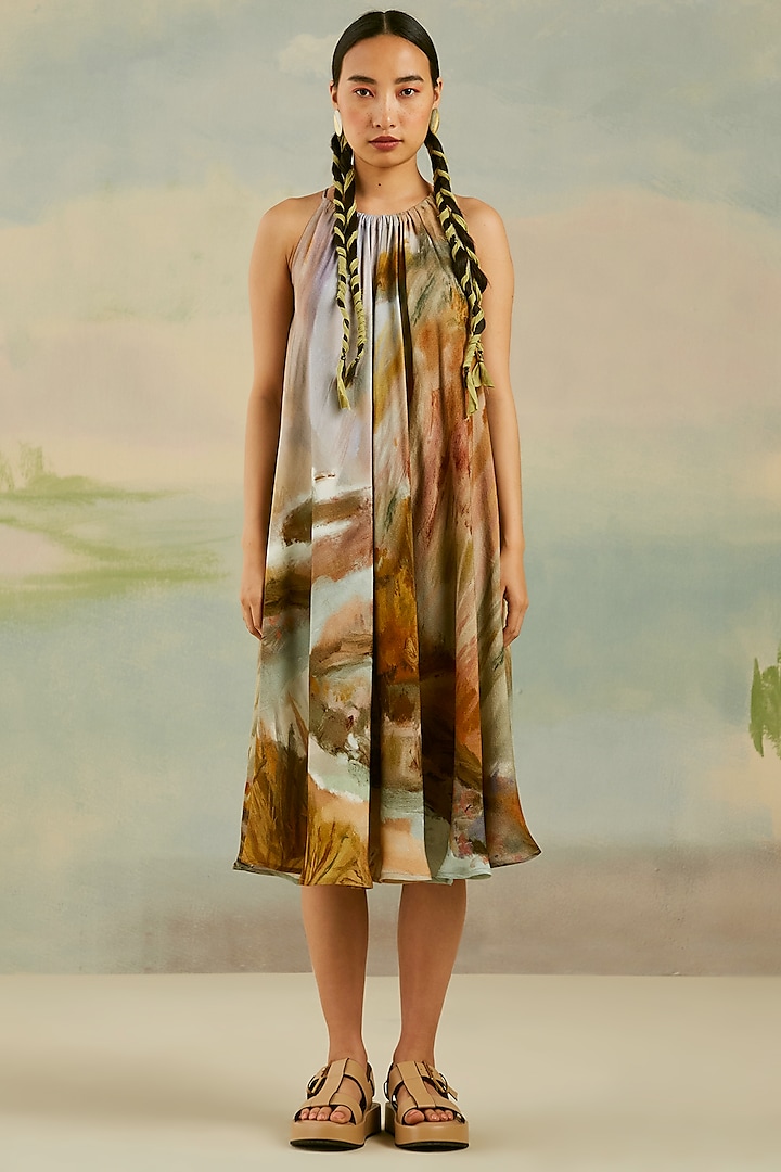 Beige Cotton Moss Printed Dress by Cord