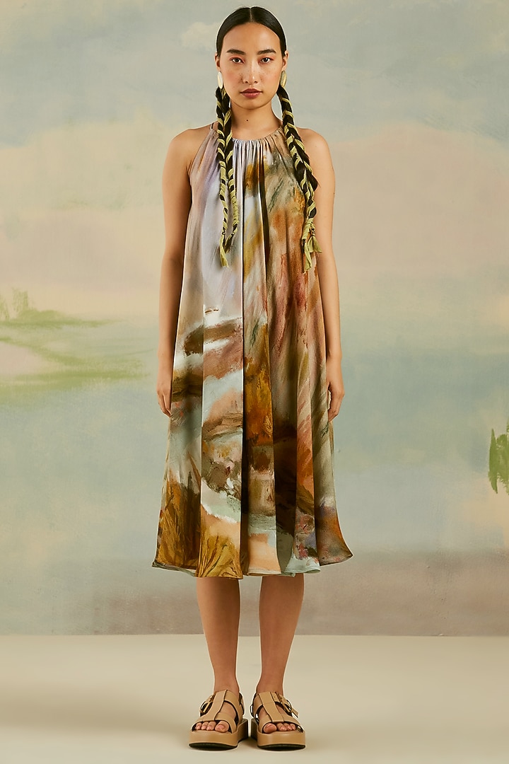 Beige Cotton Moss Printed Summer Dress by Cord at Pernia's Pop Up Shop