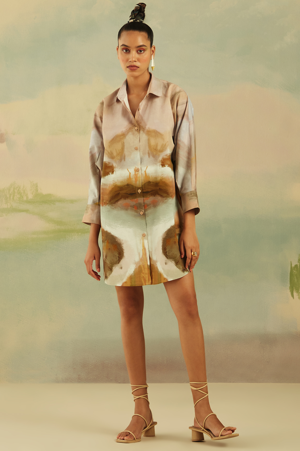 Beige Poplin Printed Shirt by Cord at Pernia's Pop Up Shop