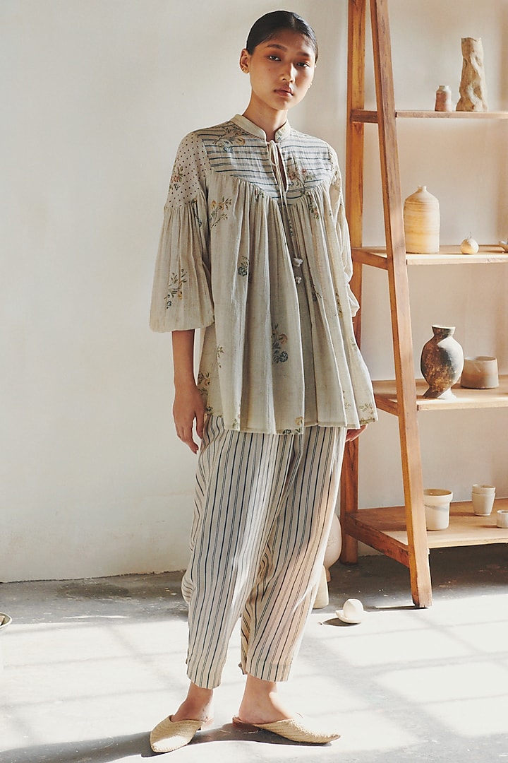 Ivory Striped Pleated Pant Set by Cord at Pernia's Pop Up Shop