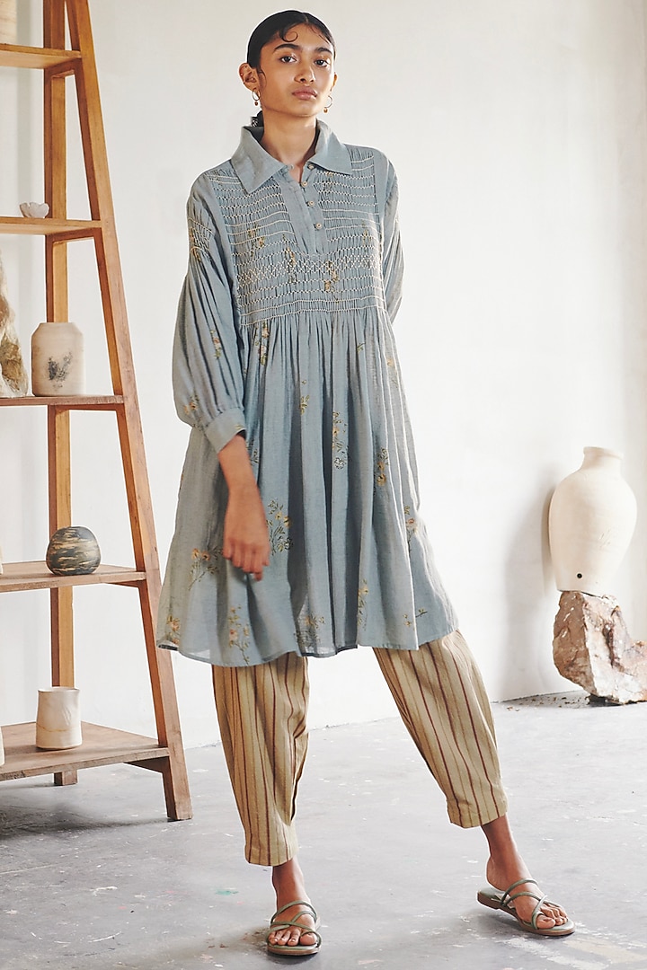 Pale Blue Hand Embroidered Long Tunic by Cord at Pernia's Pop Up Shop