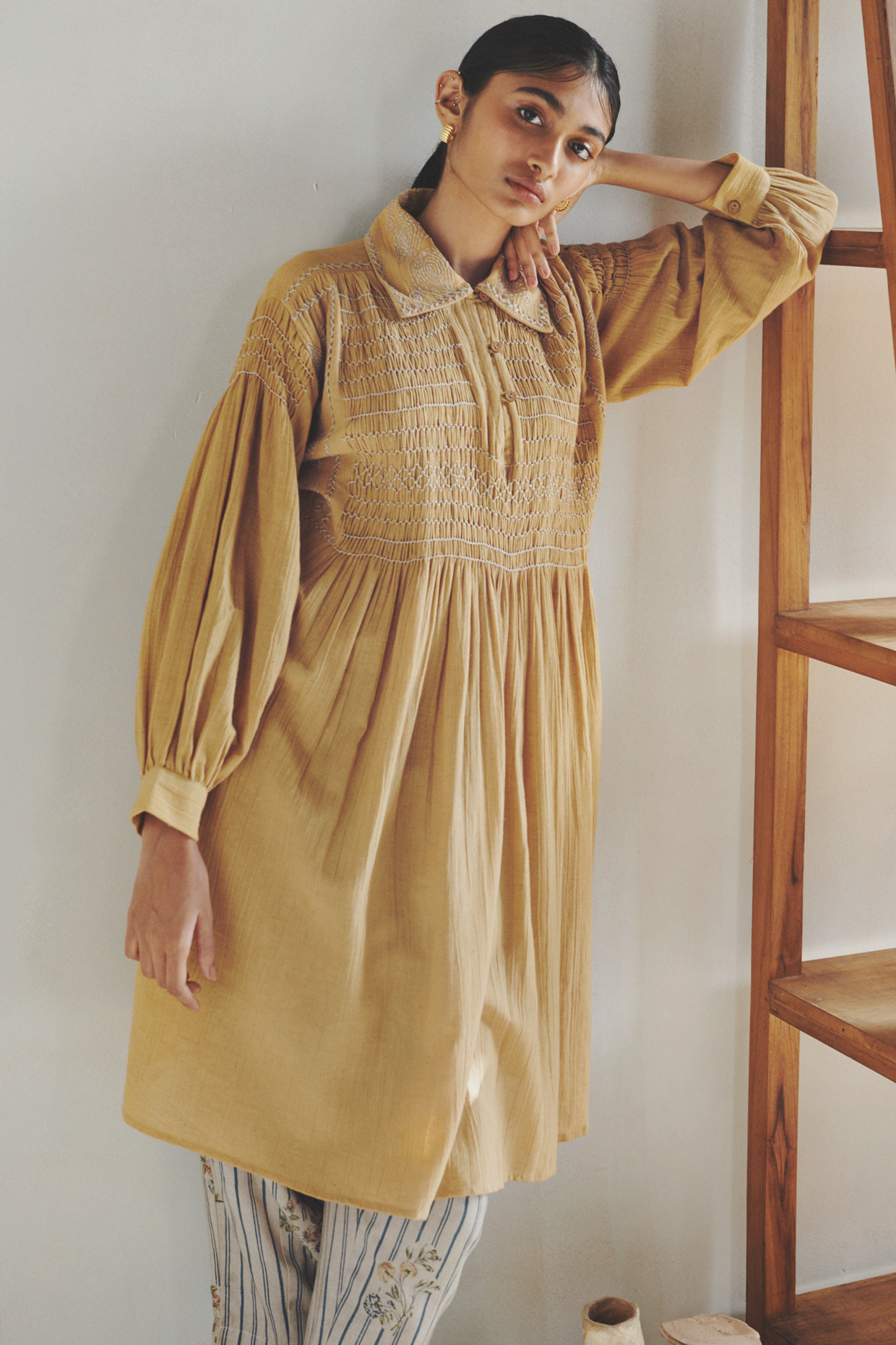Banana Yellow Hand Embroidered Long Tunic Set by Cord at Pernia's Pop Up Shop
